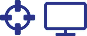 Een blauw dradenkruis staat naast een blauw pictogram van een computermonitor op een lichte achtergrond, wat cyberbeveiliging en digitale waakzaamheid symboliseert.