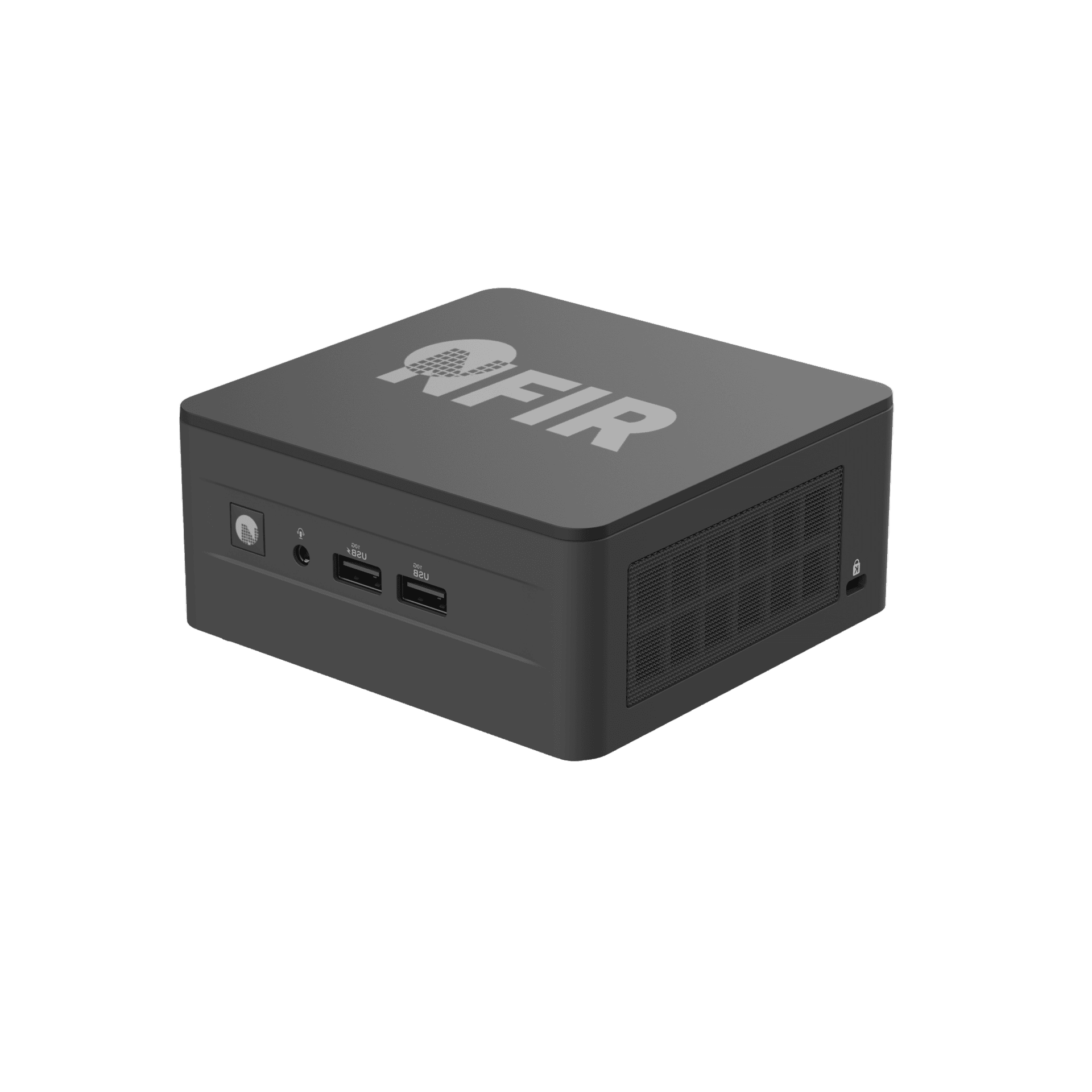 Een compacte zwarte mini-pc met het "FIR"-logo, ontworpen voor cyberbeveiligingstaken, voorzien van USB-poorten, een audioaansluiting, aan/uit-knop en ventilatie aan de zijkant.
