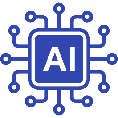 Blauw pictogram van een microchip met de letters "AI" in het midden, omringd door circuitachtige lijnen die de technologie van kunstmatige intelligentie symboliseren.