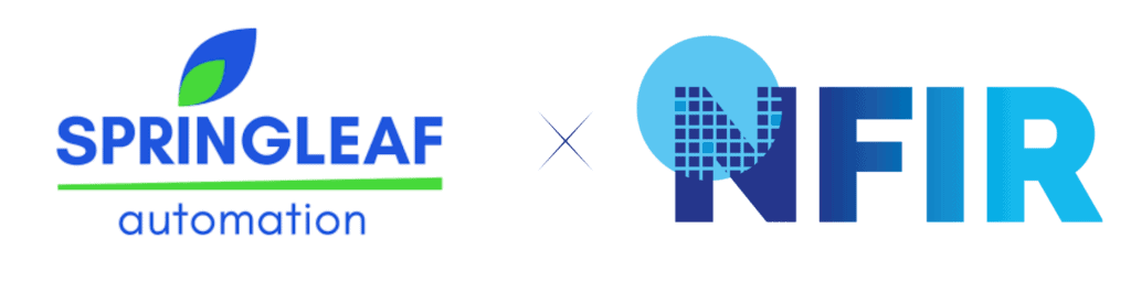 Logo's van Springleaf Automation en NFIR met een kleine "x" ertussen, als teken van een samenwerking gericht op AI-gestuurde automatisering en cyberveiligheid.