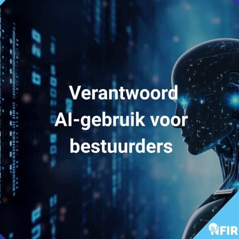 Een digitale illustratie van een humanoïde robot met binaire code op de achtergrond en Nederlandse tekst "Verantwoord AI-gebruik: wat bestuurders moeten weten.