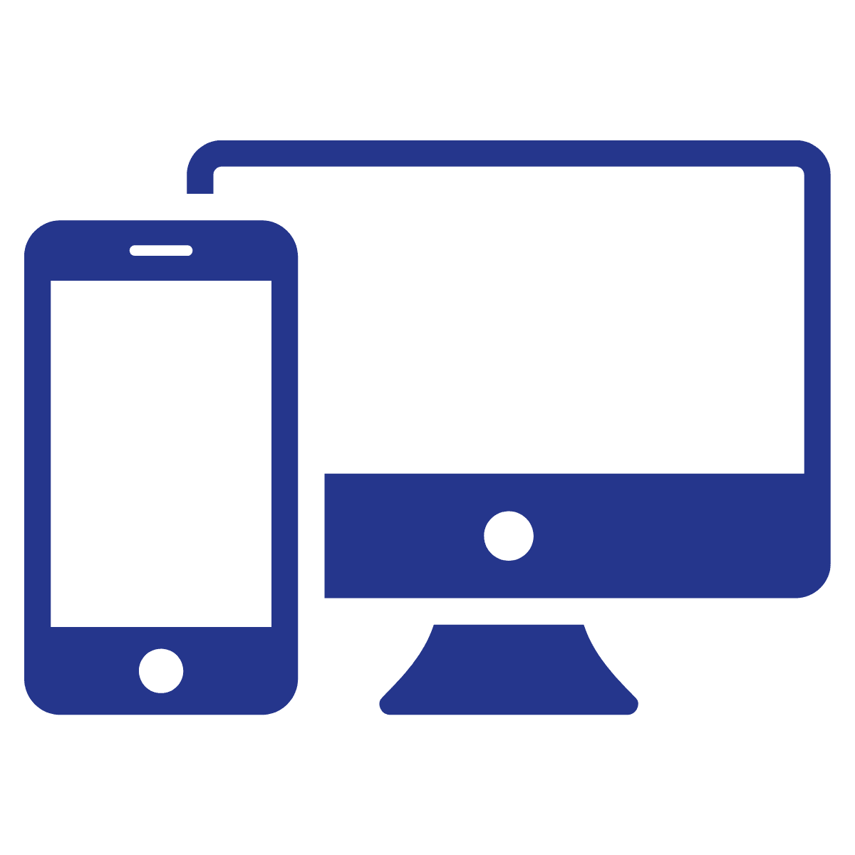 Blauwe pictogramillustratie van een smartphone en een desktop computermonitor naast elkaar op een witte achtergrond.