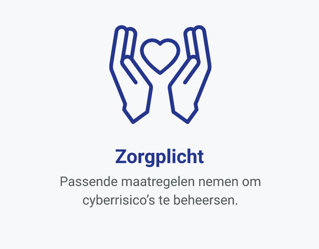 Pictogram van twee handen die een hart vasthouden boven het woord "Zorgplicht" en tekst over het nemen van passende maatregelen om cyberrisico's te beheersen volgens de NIS2 richtlijn en wetgeving, in het Nederlands.