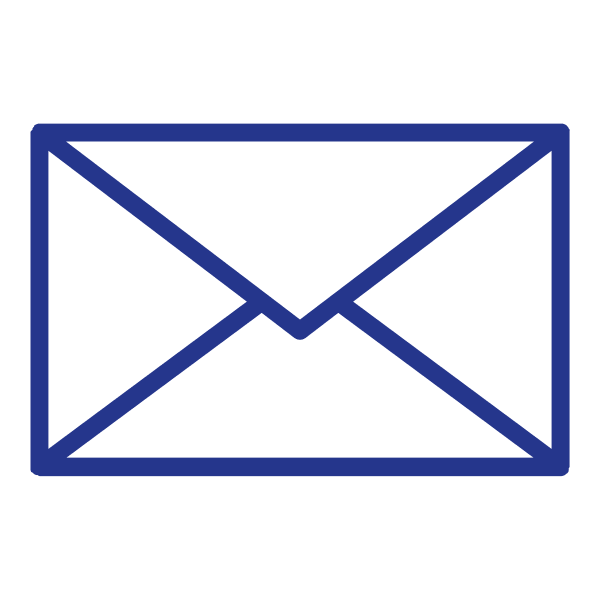 Eenvoudige blauwe omtrek van een gesloten envelop op een witte achtergrond.