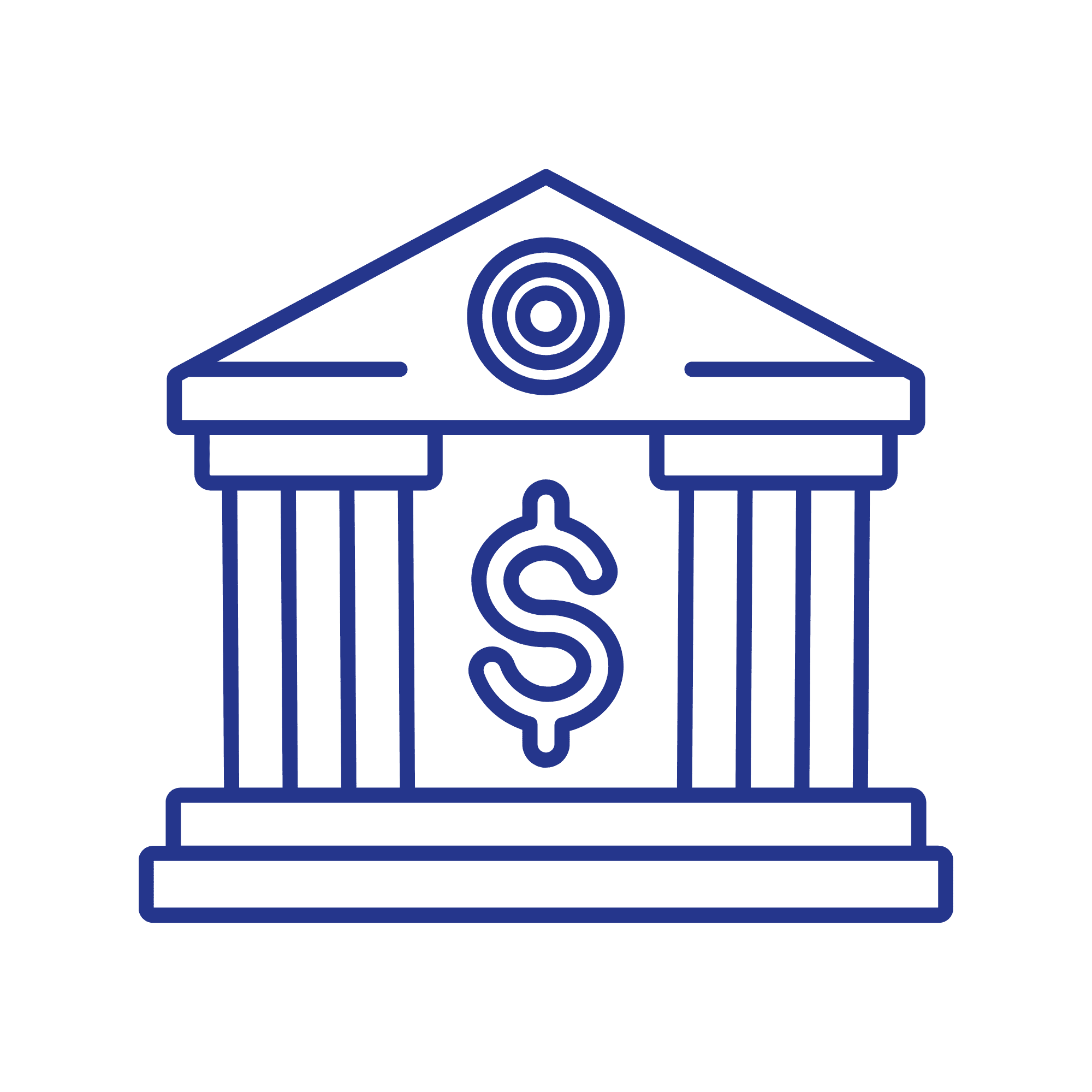 Schets van een bankgebouw met vier kolommen en een dollarteken in het midden, symbool voor financiën of bankieren.