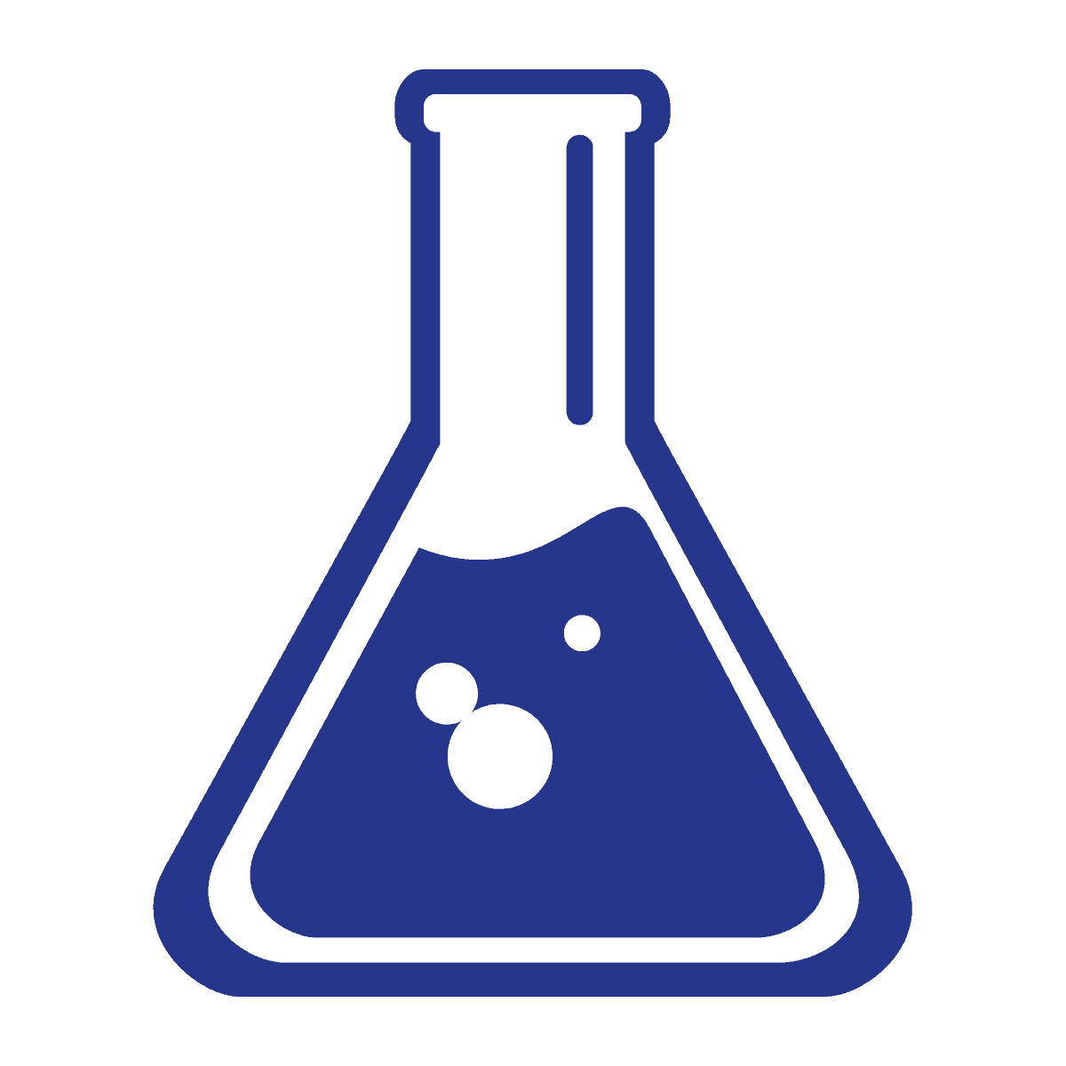 Een blauw-wit pictogram van een laboratoriumkolf gevuld met vloeistof en bubbels, dat wetenschap of scheikunde voorstelt.