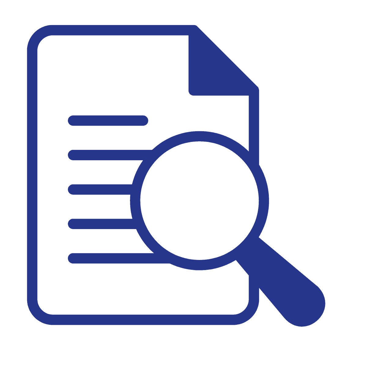 Een blauw pictogram van een document met horizontale lijnen en een vergrootglas rechtsonder op de pagina.