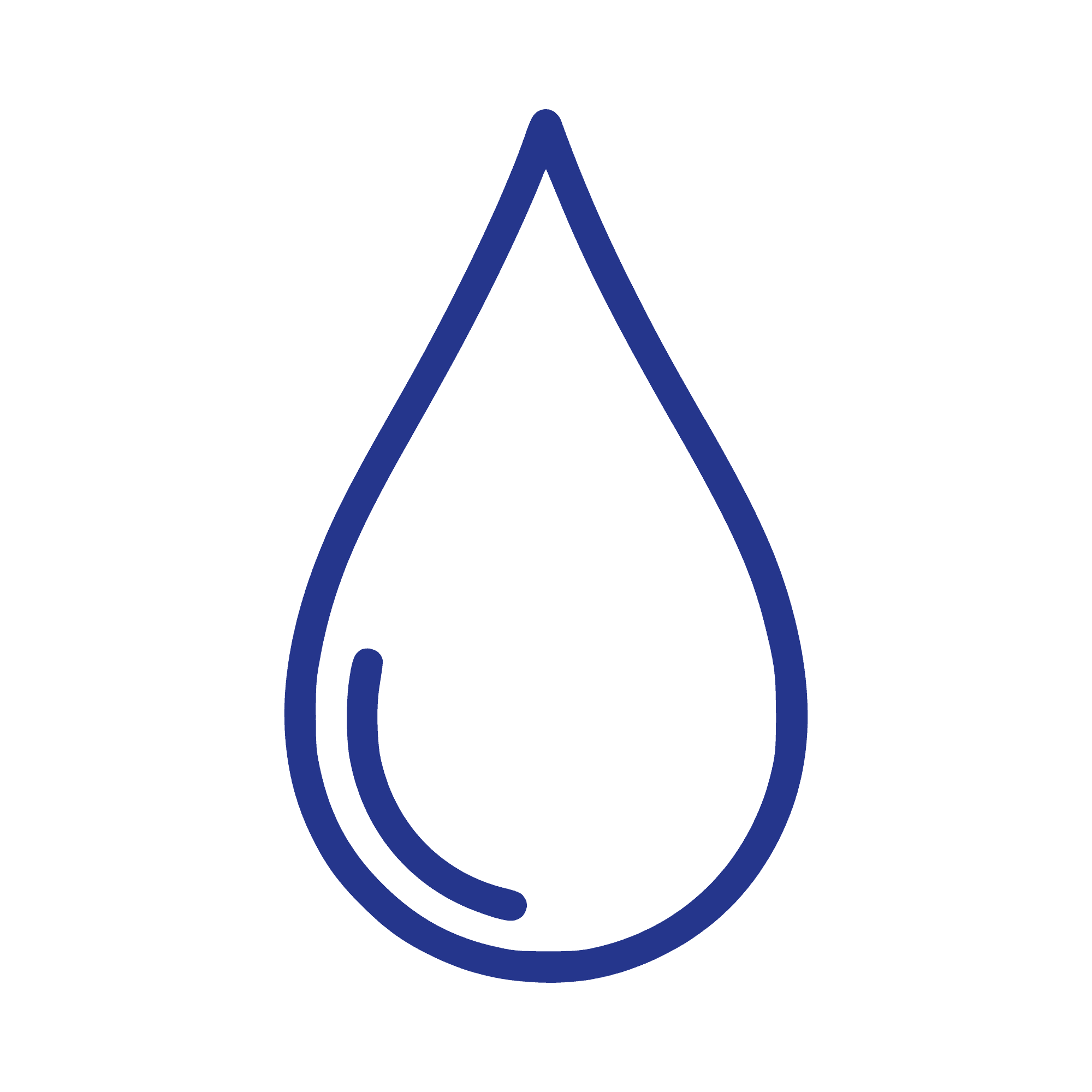 Een eenvoudige blauwe omtrek van een waterdruppel met een gebogen lijn erin, op een lichtgrijze achtergrond.