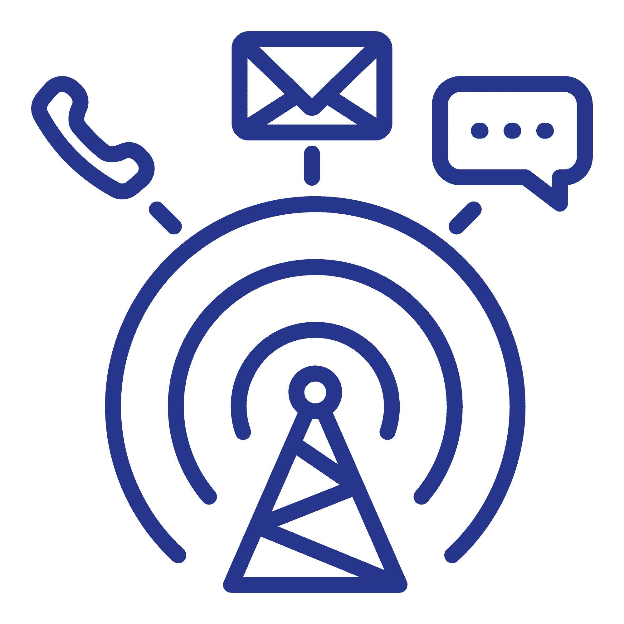 Blauwe lijnpictogrammen die een communicatietoren voorstellen met symbolen voor telefoon, e-mail en chatbericht, die meerdere vormen van communicatie aangeven.