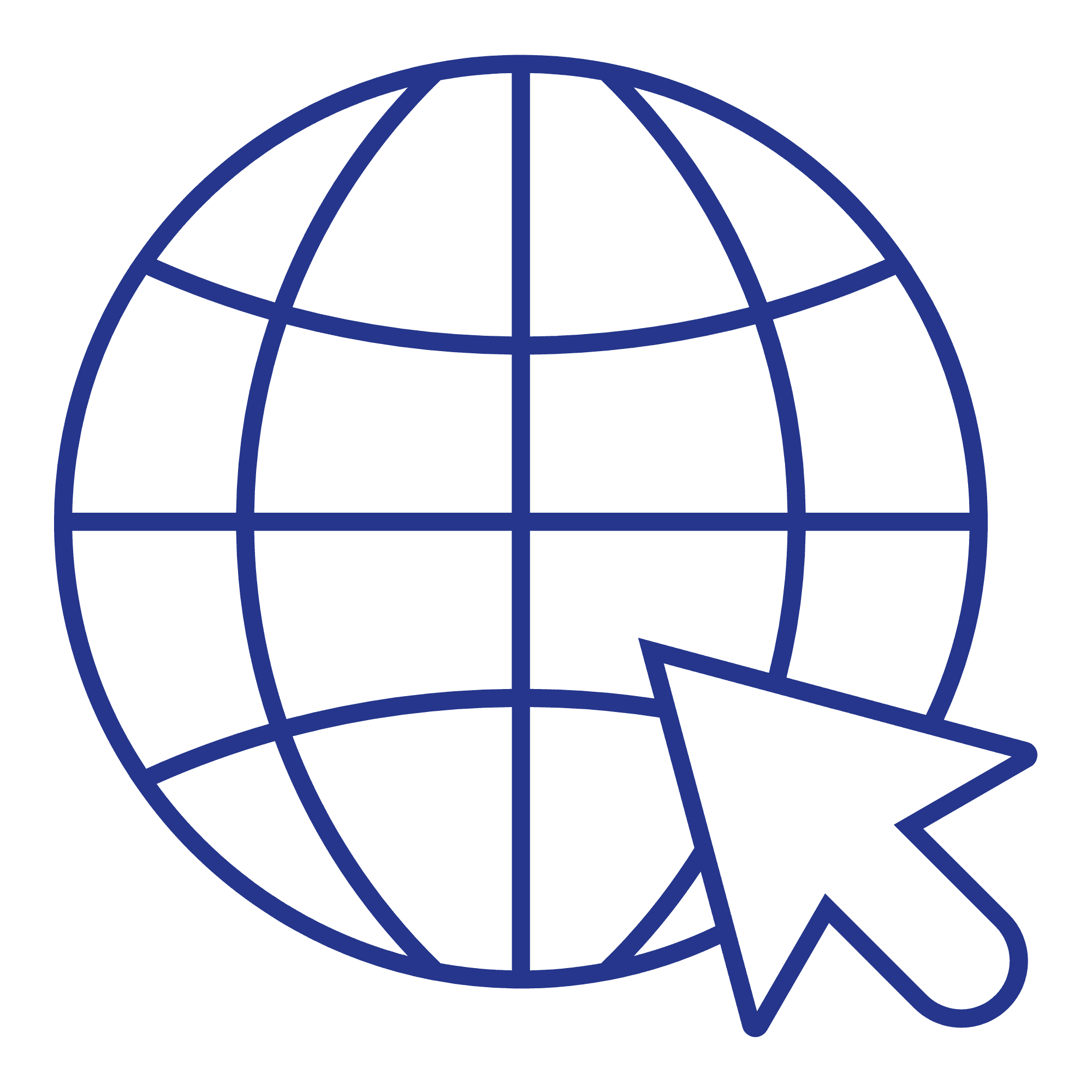 Een wereldbolpictogram met rasterlijnen en een grote cursorpijl die ernaar wijst, als symbool voor internet- of webtoegang.