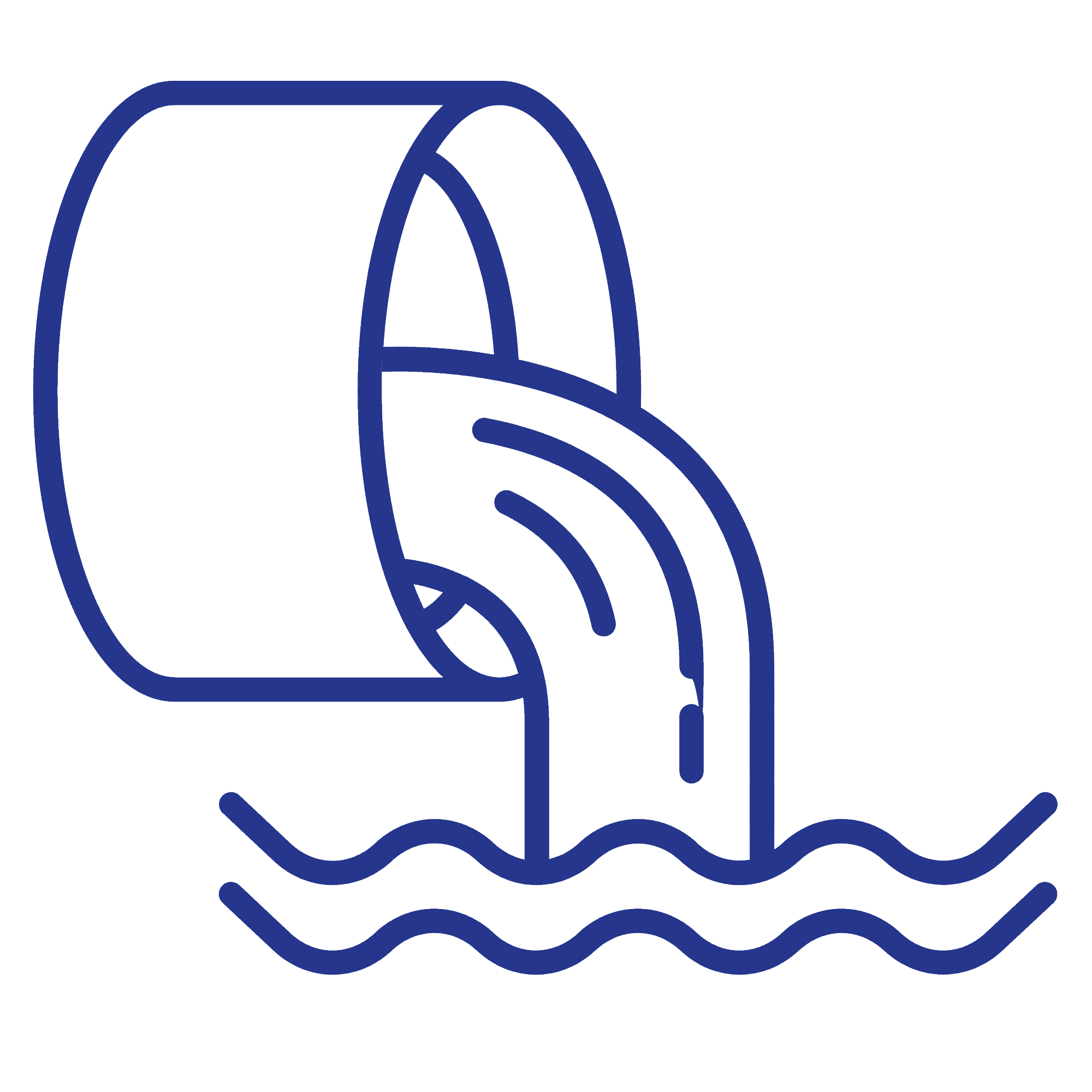 Pictogram van een grote pijp die vloeistof loost in een waterlichaam, weergegeven met eenvoudige blauwe lijntekening.