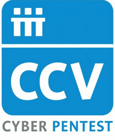 Blauw-wit logo met drie verticale balken en "CCV" in grote letters boven de tekst "CYBER PENTEST.