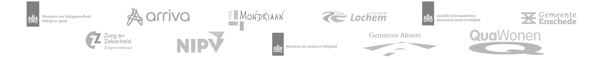 Een verzameling logo's in grijstinten voor verschillende Nederlandse organisaties en bedrijven, waaronder die gespecialiseerd in Managed Detection and Response, gerangschikt in een raster op een witte achtergrond.