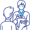 Two people are having a discussion about cybersecurity; one is holding a clipboard and taking notes while looking at the other.