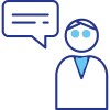 Simple line drawing of a person with two blue eyes and a speech bubble with horizontal lines, symbolizing communication or conversation - ideal for illustrating concepts such as cybersecurity or security monitoring.