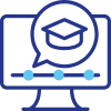 Icon of a computer monitor with a speech bubble with a graduation cap, symbol for online education or e-learning in cybersecurity and security monitoring.
