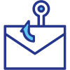 Blue outline icon of an envelope with a fish hook above it and a curved arrow, marking a cybersecurity threat and symbolizing an email phishing attempt.