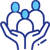 Icon of three simplified human figures held by two open hands, representing community care and support in areas such as incident response or digital forensics.